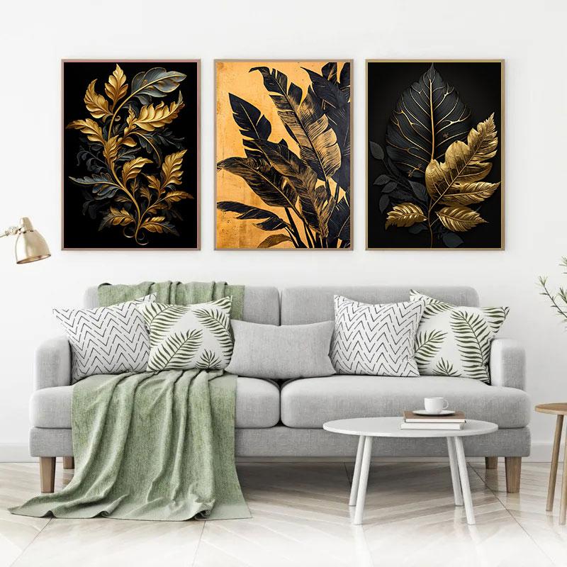 Texture Noir et Or Diverses Feuilles Impression d'Affiche Peinture sur Toile Art Mural Moderne Image HD pour Salon Décoration de Maison Cadeaux