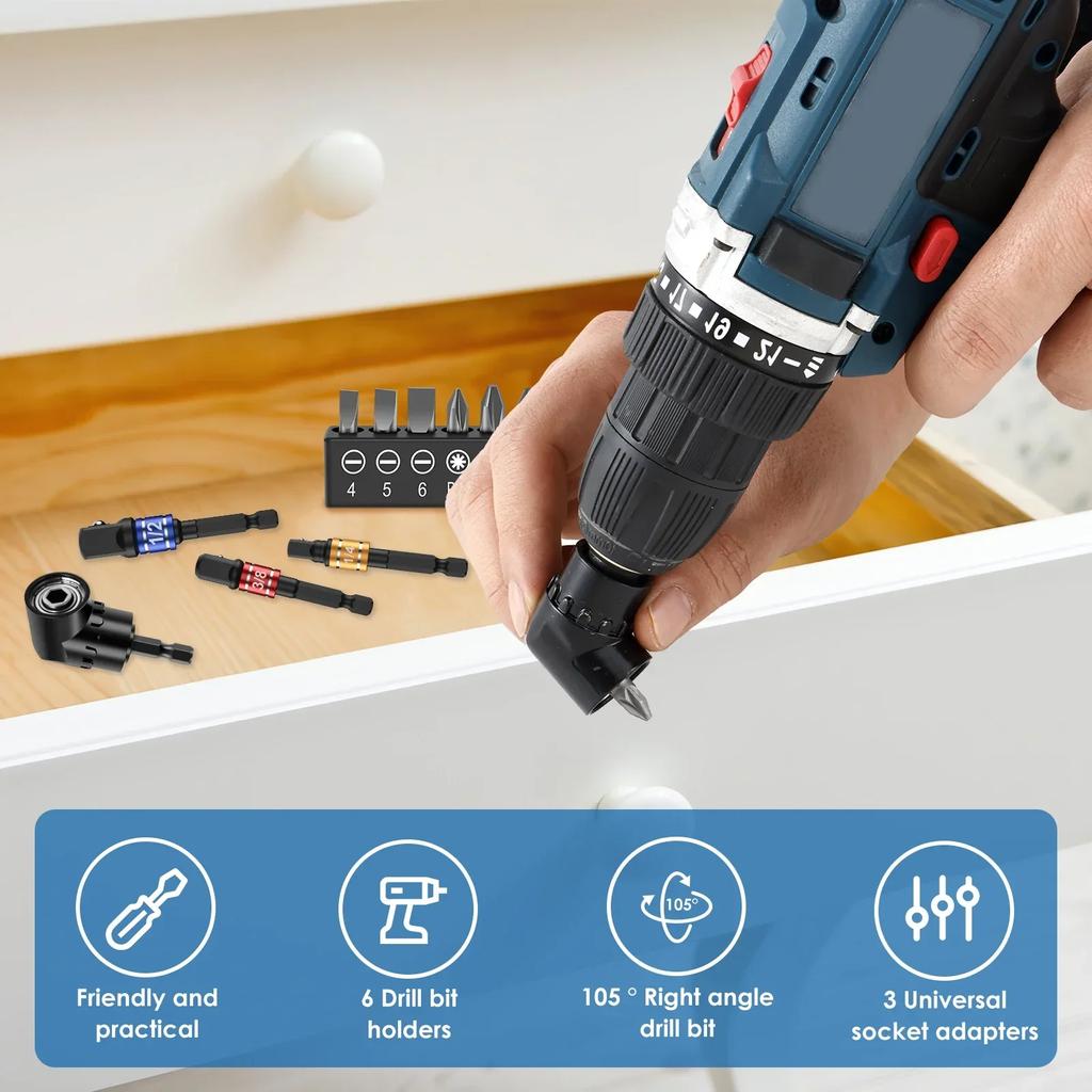 21Pcs 1/4 Inch Hex Shank Screwdriver Bit Holder Zinc Alloy Bit Holder Keychain with 1/4inch 3/8inch 1/2inch Drill Socket Adapter