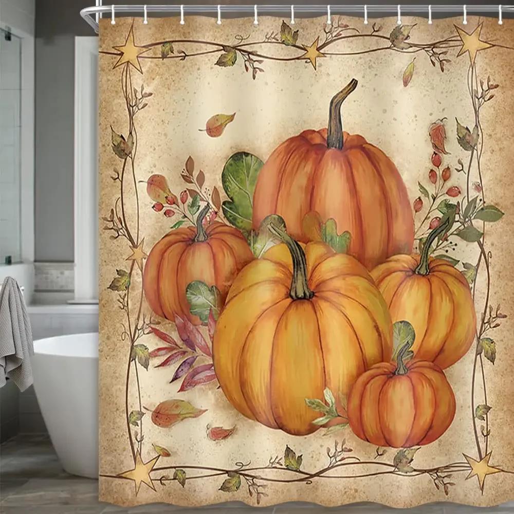 Autumn Fall Shower Curtains Brown with Thanksgiving Harvest Pumpkin Bathroom Curtain for Halloween Party Home Decor with Hooks