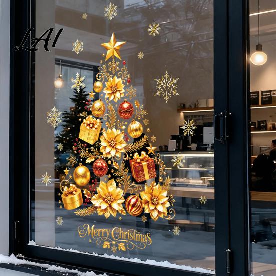 Christmas Window Clings 2 Sheets Gold Clings Static Stick Tree Snowflake Holiday Shop Displays Bauble Glass Decals No-Glue Removable Winter