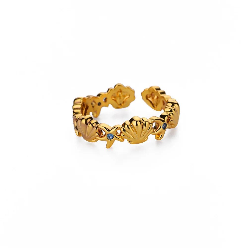 Hot-selling ocean wind starfish shell stainless steel open ring gold-plated women's vacation jewelry