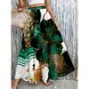 Womens Skirt with Pockets Featuring Abstract Green Golden Floral Design, Suitable for Beach, Party, Casual Outing
