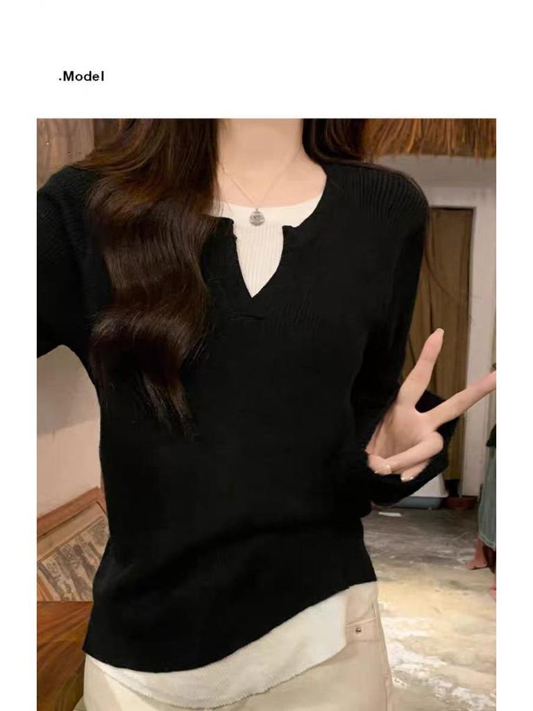 Two-Piece Effect Plus Size Black Long Sleeve T-Shirt - Women's Korean Style Irregular Patchwork Slimming Top
