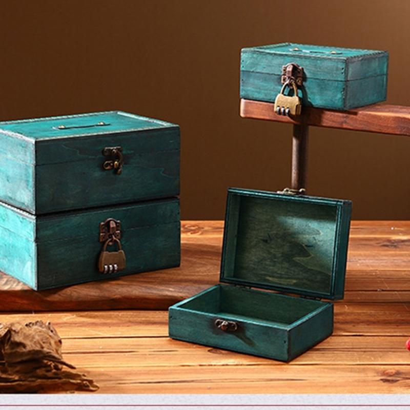 Locking Antique Wooden Jewelry Storage Box for Home Office Decoration Wood Chest Keepsakes Holder with Lock Mechanism