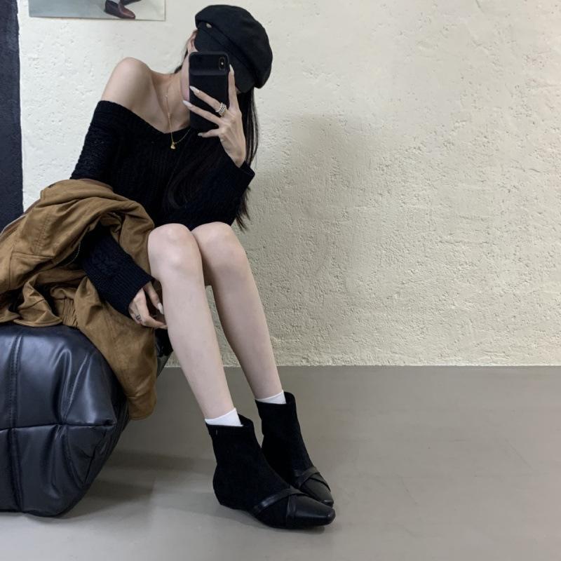 Korean Version of Square Head Suede Splicing Fashion Boots for Women 2025 Autumn and Winter New Temperament Thin Boots Rear Zipper Short Boots for W