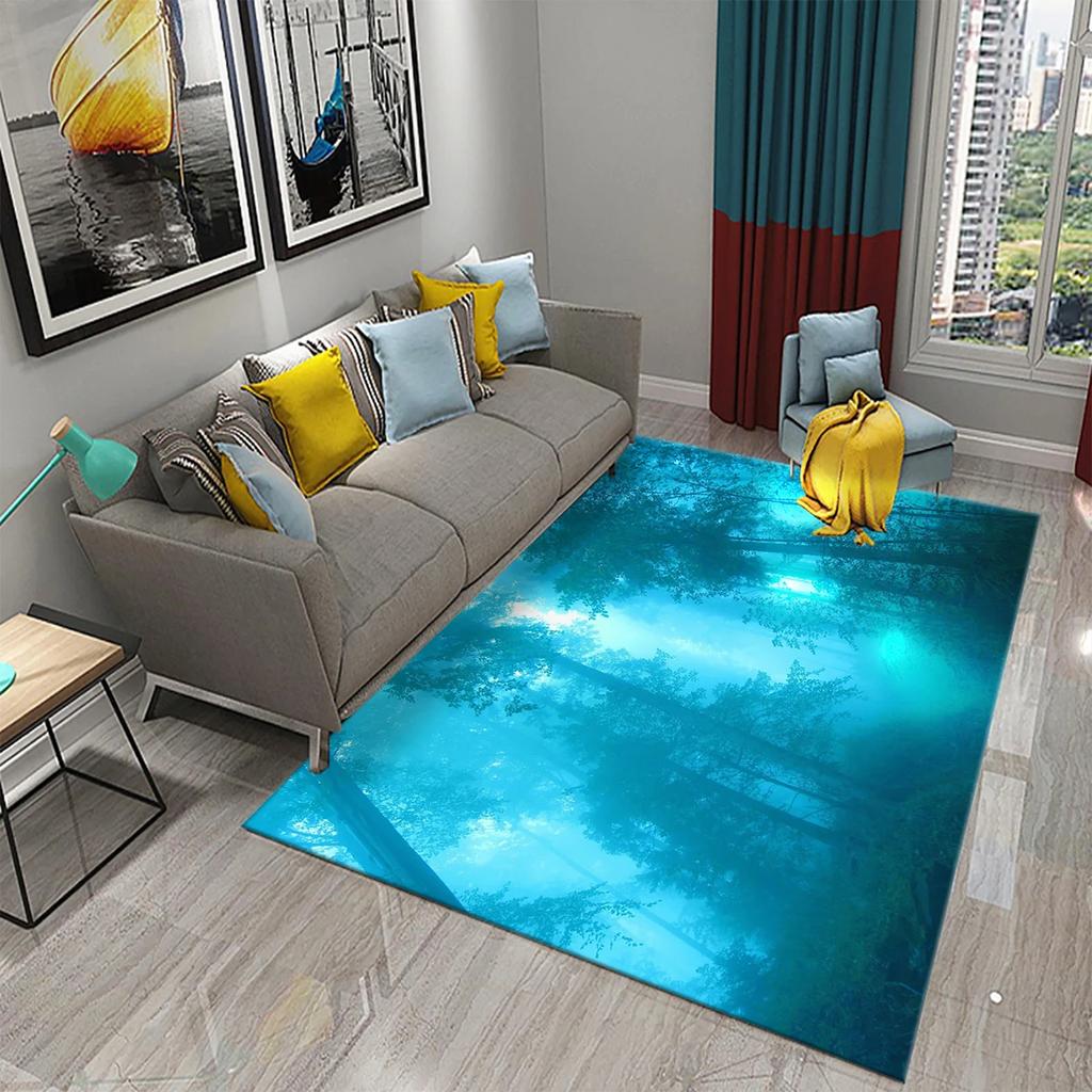 3D Foggy Forest Carpet White Smoke Fog Clouds Rugs Bathroom Kitchen Non-Slip Doormat Area Rug Living Room Bedroom Decor Rugs