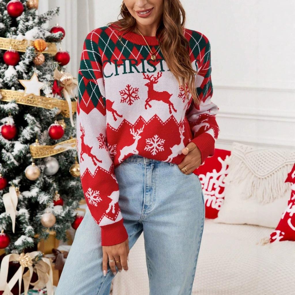 Autumn Winter New Christmas Jacquard Round Neck Long Sleeve Pullover Sweater Casual Loose Knit Top For Women Europe America