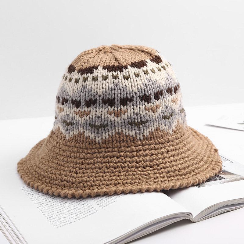 Coarse Wool Fisherman Hat for Women In Autumn and Winter Versatile Street Handmade Crochet Knitted Wool Hat Japanese Literary Curly Basin Hat