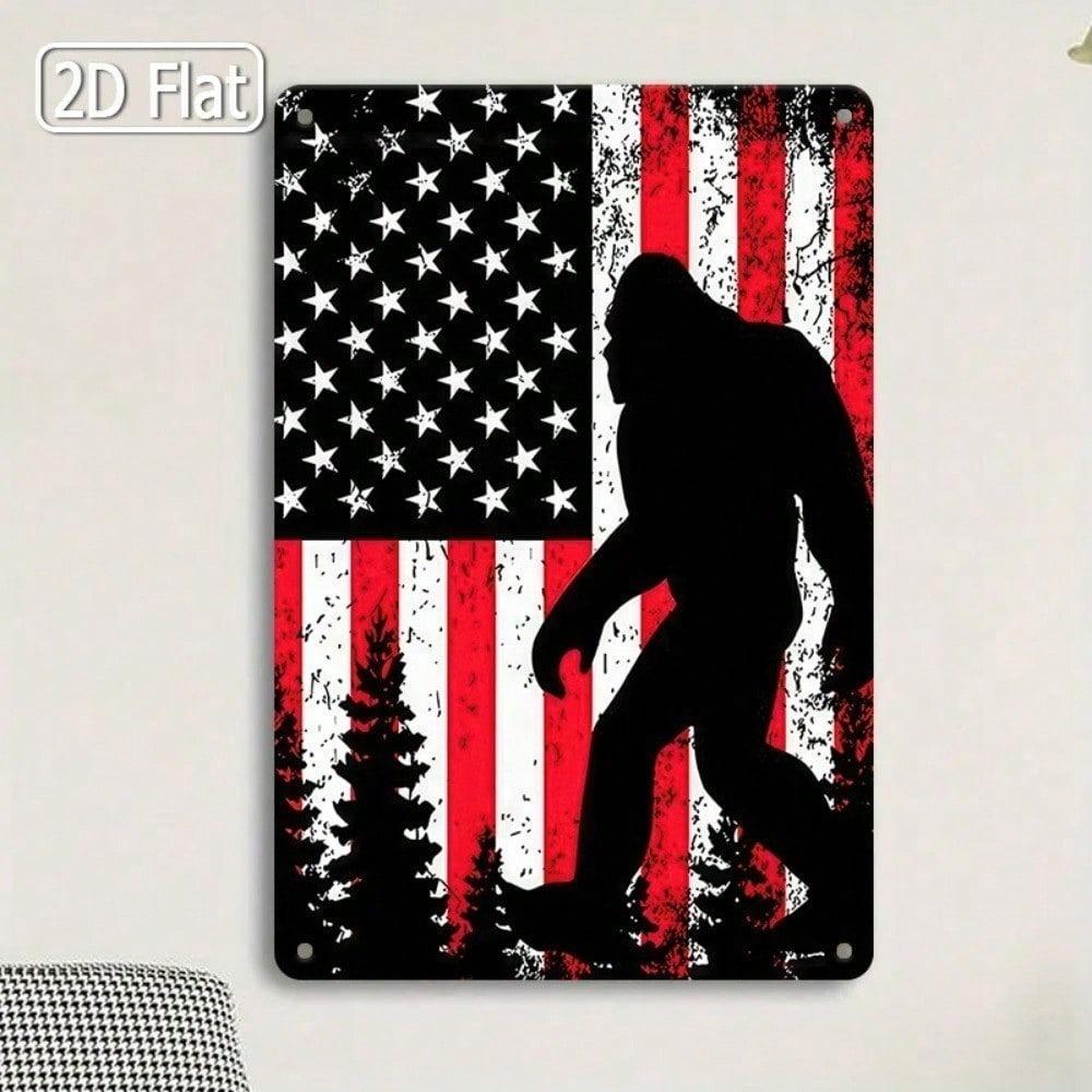 Bigfoot Metal Tin Sign American Flag Rustic Wall Decor Man Cave Gift