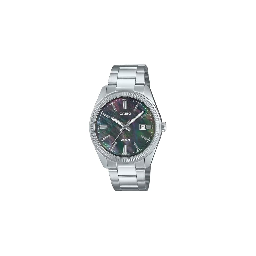 Casio MTP-1302DS-1AV Analog Quartz Men s Watch Silver Metal Band Black Mother of Pearl Dial
