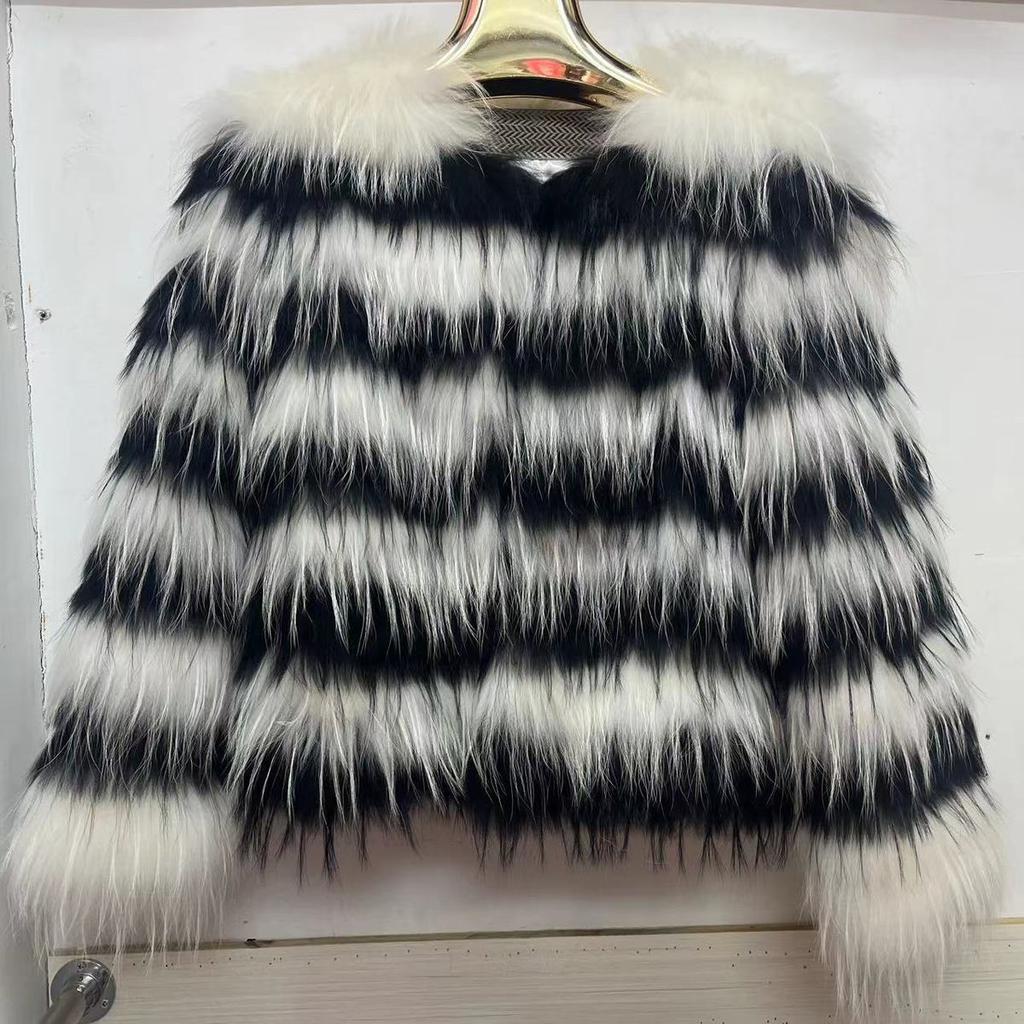 Real Raccoon Fur Women's Coat Young Style Fur Coat Women's Winter Short Slim Contrast Color Top