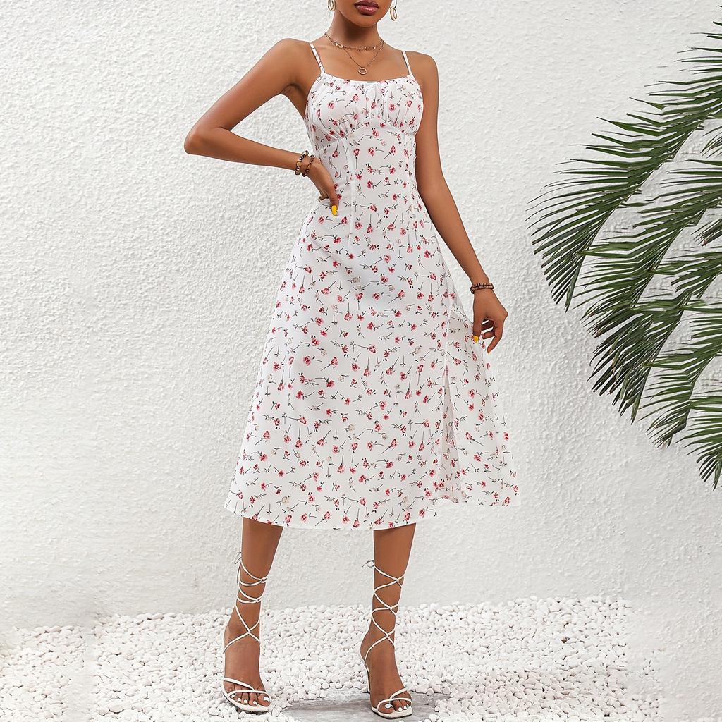 Women Casual Strap Beach Bohemian Holiday Style Dots Printed High Split One Piece Dress