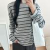 Stripe Round Neck Base Layer Women Early Autumn Winter Versatile Korean Lazy Brushed Long Sleeve Tee