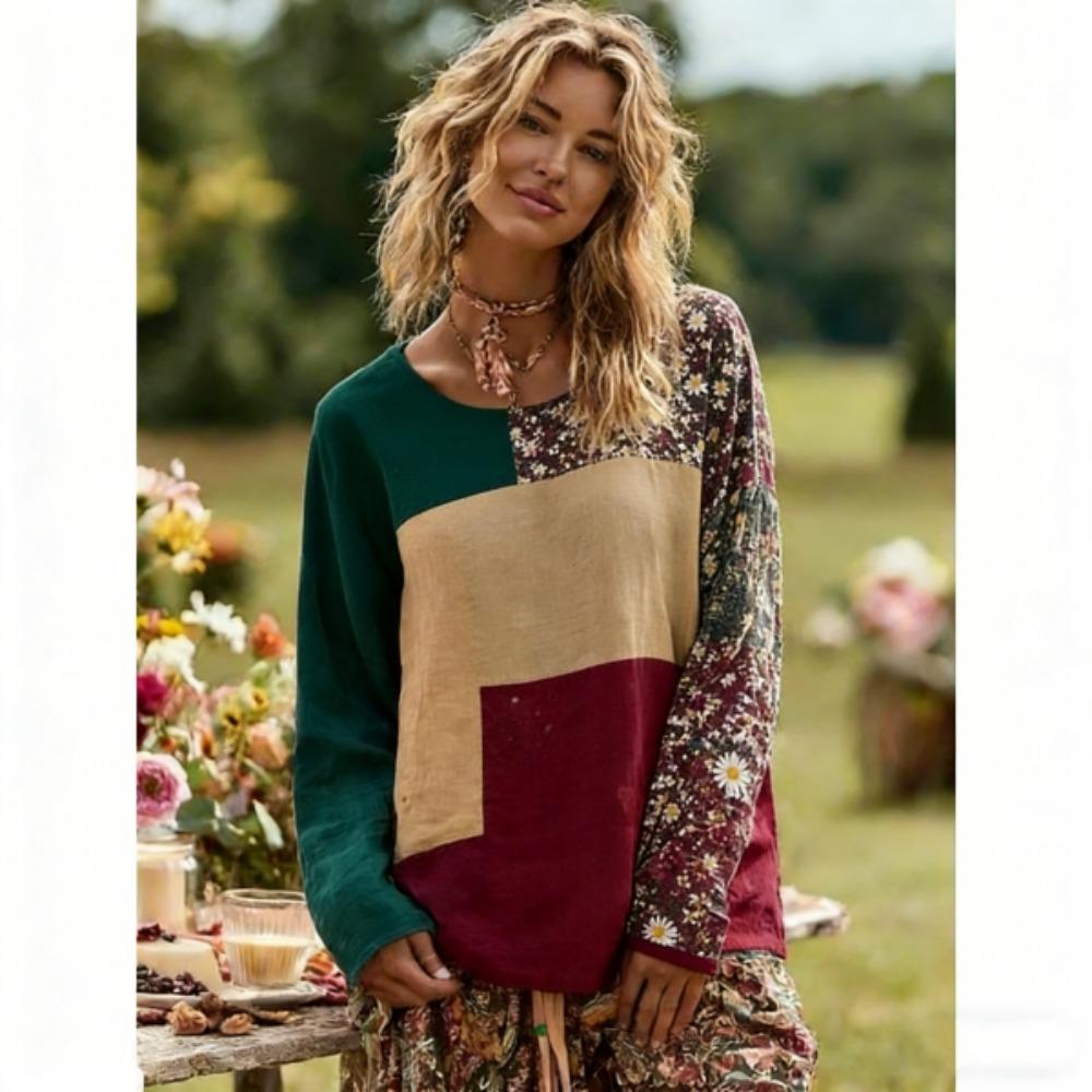 Mode Europe Amérique T-shirt Femme Pull Style Bohème T-shirt Manches Longues Femme Hauts Décontractés d'Extérieur