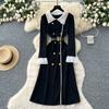 Autumn Winter Women Elegant Turn-down Collar Double Breasted Knitted Sweater Office Work Long Midi Dresses with Belt