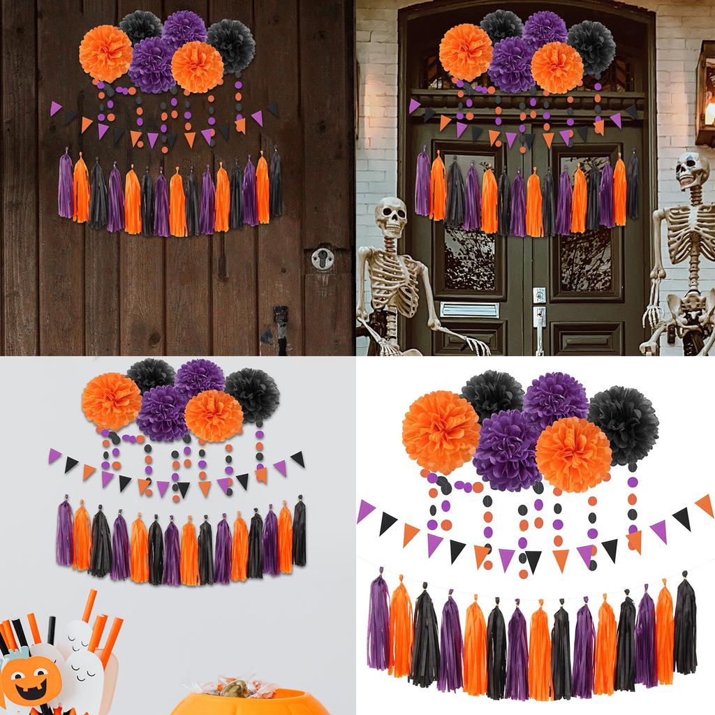 Halloween Tissue Paper Pompoms Set with Tassels Assorted Sizes Decorations for Indoor and Outdoor Use Party Supplies