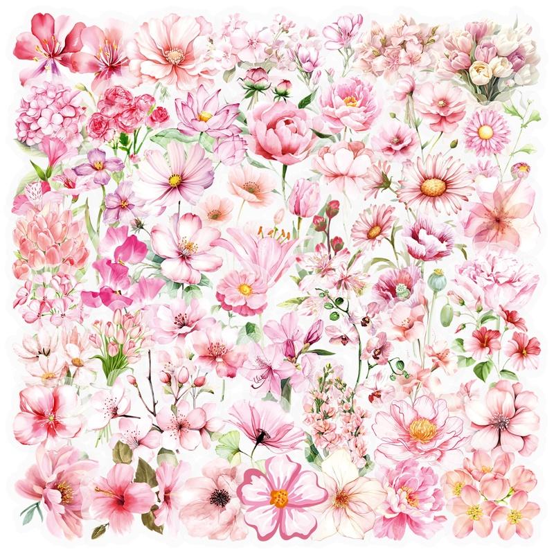 50PCS Cute Pink Flower PET Sticky Sticker Aesthetic Tear Open DIY Decoration Scrapbooking Stationery Supplies