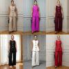 Damen ärmellose Weste und weite Hosen Zweiteiler Outfit einfarbig Goldknopf Formelles Business-Anzug-Set
