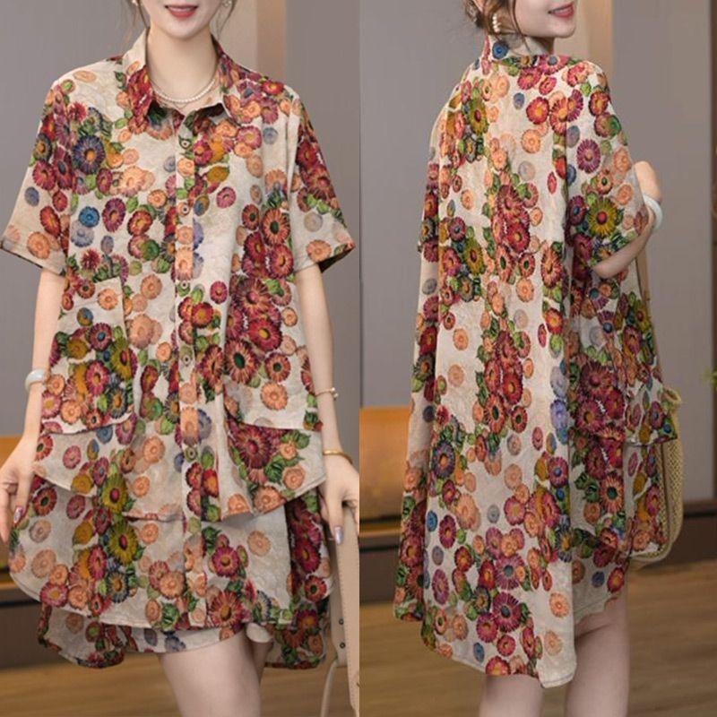 

Fashion Plus Size Printed Midi Shirt Shorts Pants Two Piece Set Women Summer Slim Casual Outfit M