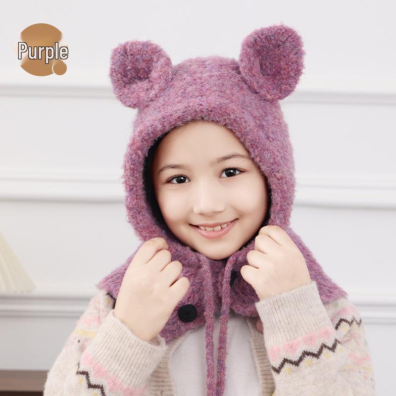 

Children s Cute Cartoon Ear-Protecting Knitted Hat with Scarf for Autumn and Winter One Size фиолетовый
