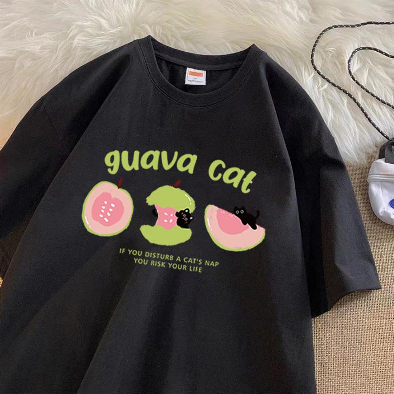 Korean Kawaii Guava Cat Graphic Print T-shirt Unisex Women Men Clothing Summer Cute New Arrival Oversize Cotton Tops