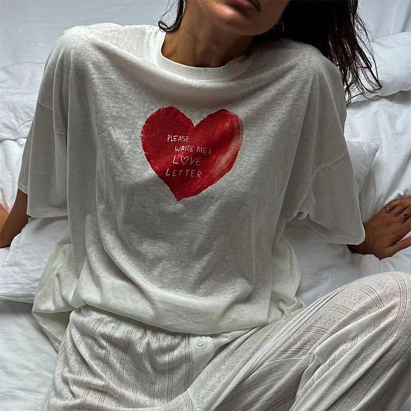 T-Shirt aus Baumwolle mit Herz-Grafikdruck für Damen, für den Sommer, lässig, kurzärmlig, Rundhalsausschnitt, lockere, vielseitige, einfache Oberteile