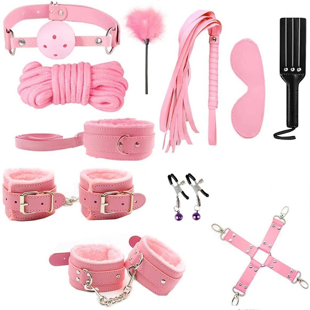 Erotic Set Sexy Leather Plush Sex Toys Bondage Kit Handcuffs Feather Blindfold Flirt Exotic Accessories Couples Adult Games