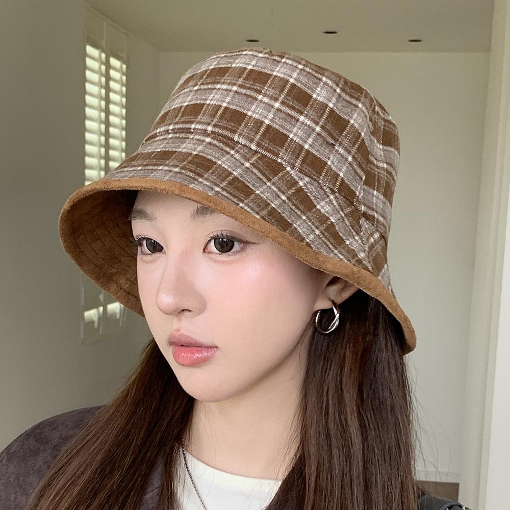 Plaid Double-sided Suede Bucket Hat Women's Autumn and Winter New Basin Hat Versatile Face Small Plain Bucket Hat