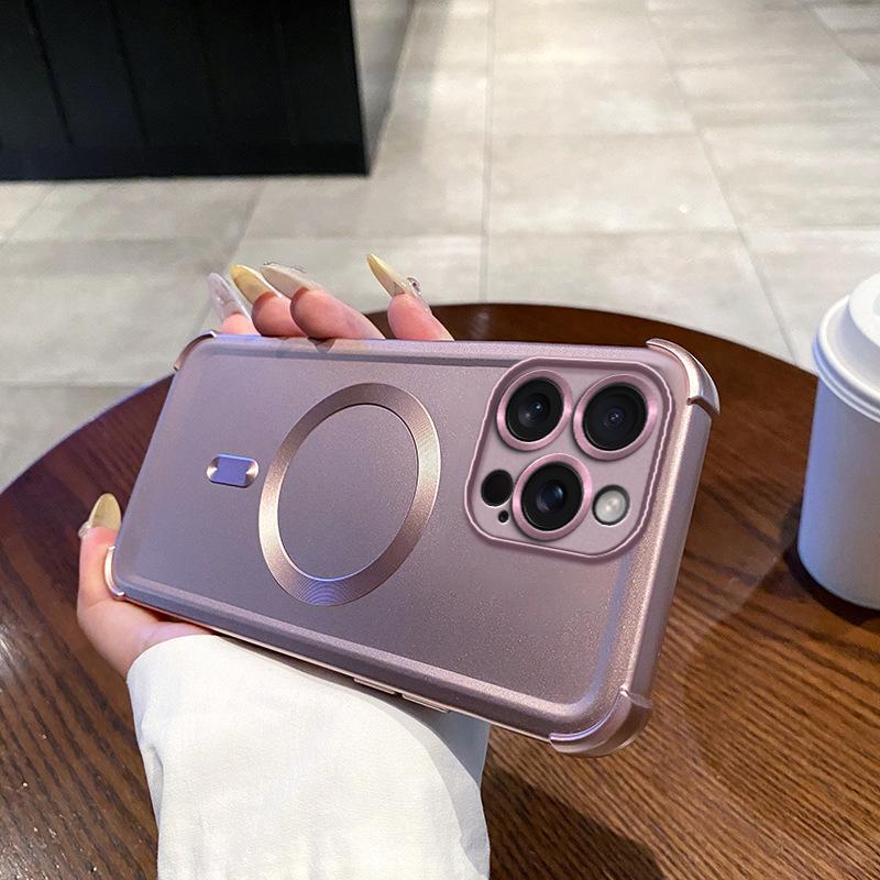 Applicable To IPhone 16 Metal Paint Magnetic Suction Mobile Phone Case Four Corners Anti Fall Apple 15 ProMax Airbag Protective Case 14