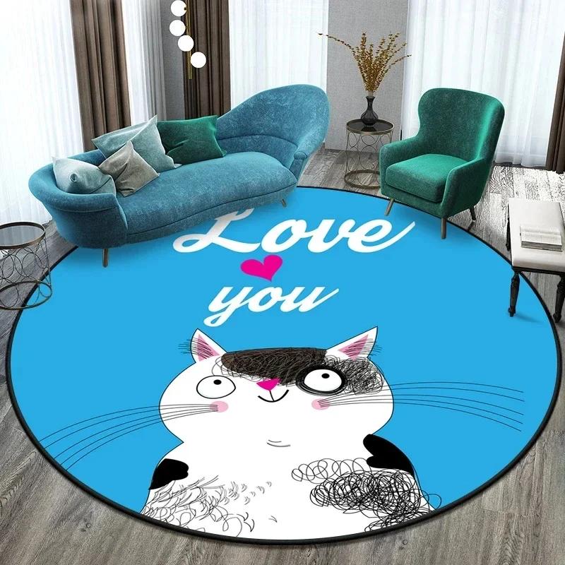 Cute Cat Round Carpet Cartoon Animal Cats Area Rug for Office Living Room Bedroom Decoration Non-slip Children's Crawl Floor Mat