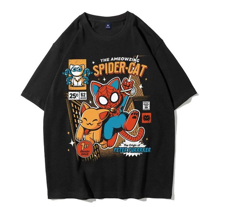 

Летняя футболка свободного кроя с коротким рукавом «Кот Человек-паук» для мужчин и женщин, мультяшная и аниме, повседневная, свободная, трендовый бренд, чистый хлопок M