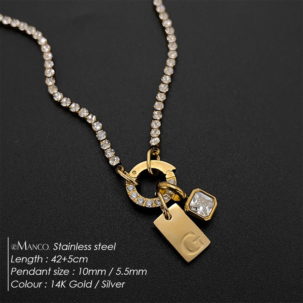 eManco Stainless Steel A-Z Letter Necklace Geometric Zirconia Pendant Necklaces Charm Women Party Fashion Jewelry