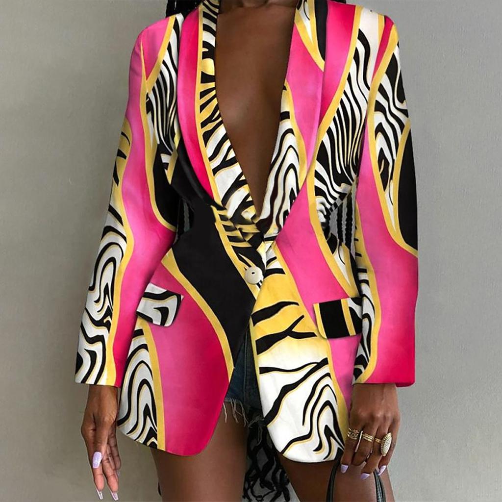 Women Fashion Long Sleeve Print Color Coat Open Front  Suit Jacket