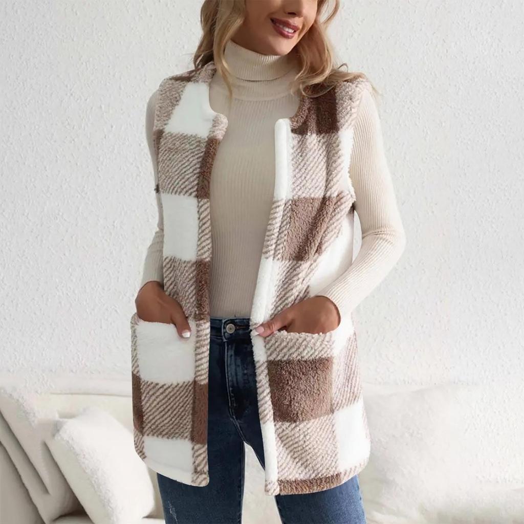 Plaid Fleece Vest For Women  Fall Winter Fuzzy Thermal Warm Sleeveless Jacket Trendy Outwear