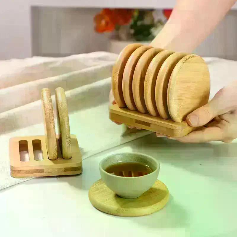 Bambus-Untersetzer-Set Einfacher Kreativer Tassenhalter Runder Wasserbecher Isolierunterlage Teetassenhalter Ausstellungsständer Zubehör