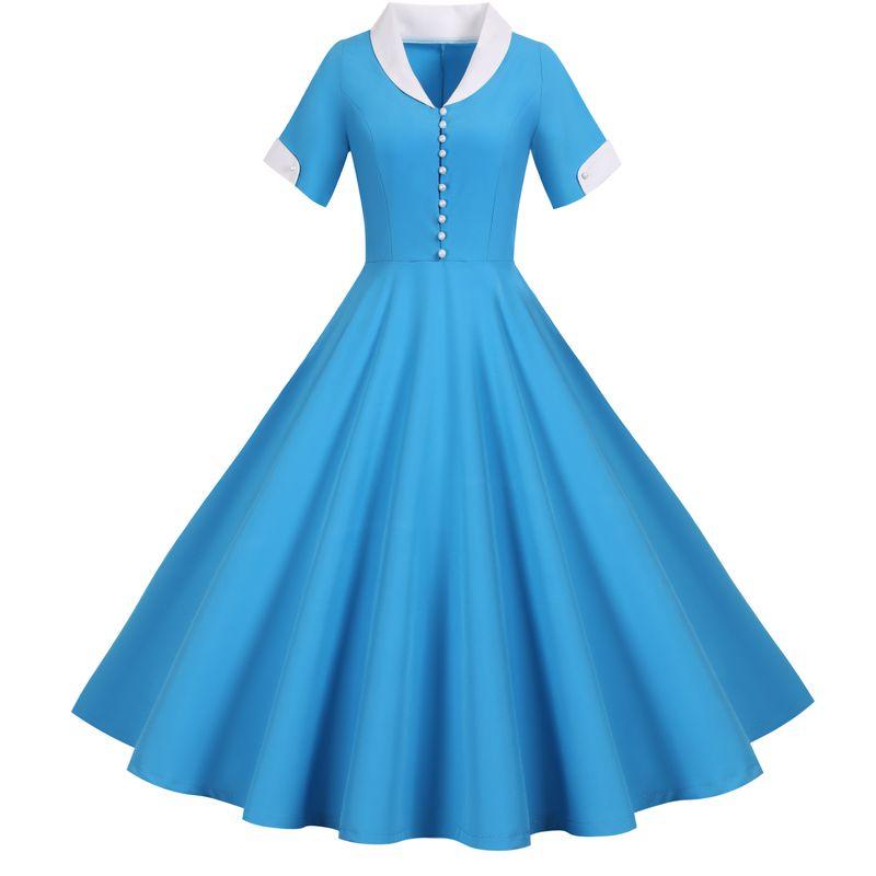 European Station Summer New Single-Breasted Blue Short Sleeve Suit Collar Pure Color Casual Swing Dress Female Dress