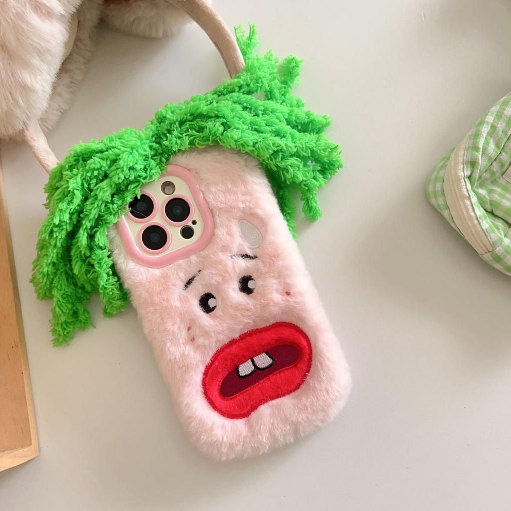Green Hair Plush Warm Phone Case Is Suitable for Apple 16promax Lens Holder 13/12PRO Anti-drop 11.