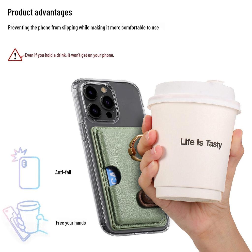 Litchi Grain Oil-Edge Ring Phone Case with Card Holder, Stand, Coin Purse & Color Block Gift Sticker