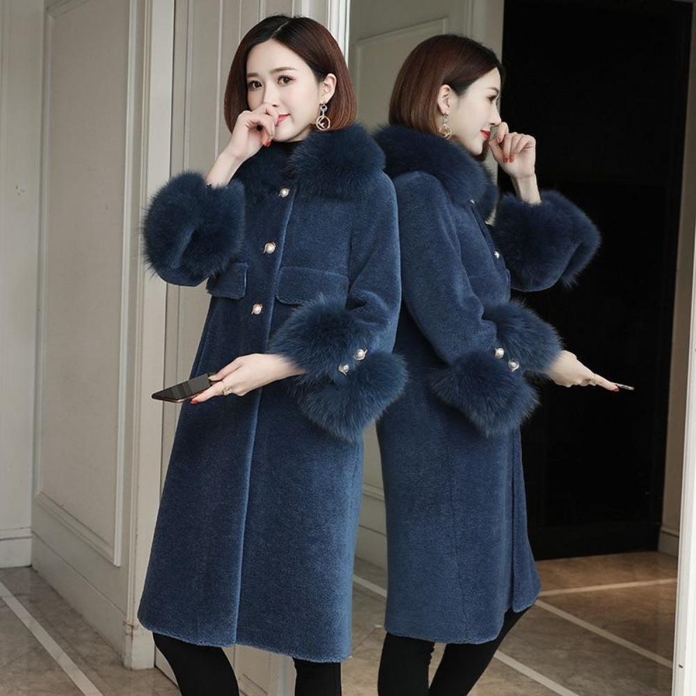 Kabát ze střižní ovčí kůže Středně dlouhý kožich s vlnou a kožešinou pro ženy Nový kabát s límcem z liščí kožešiny