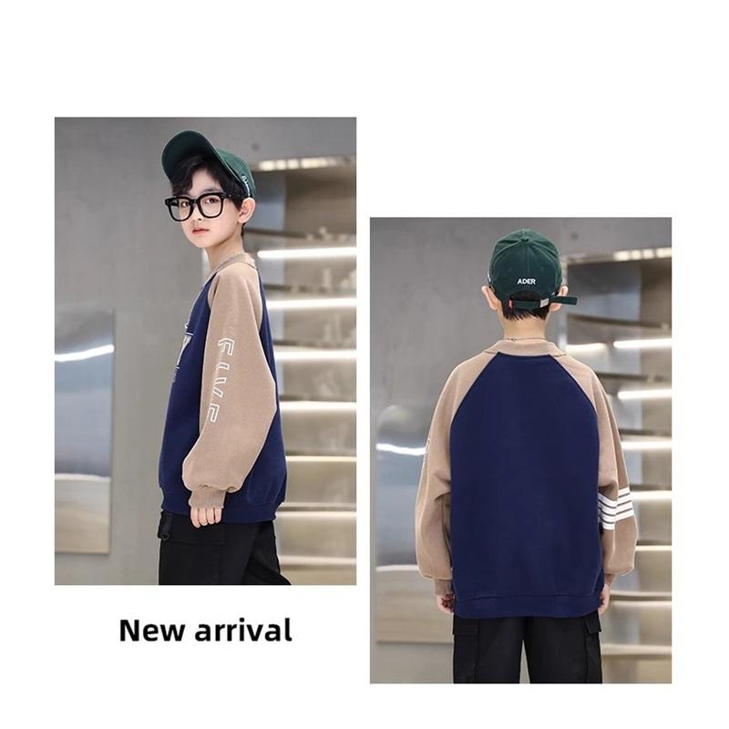 Boys' Fleece Lined Sweatshirt Winter Thick Warm Pullover Kids Contrast Color Raglan Sleeve Top