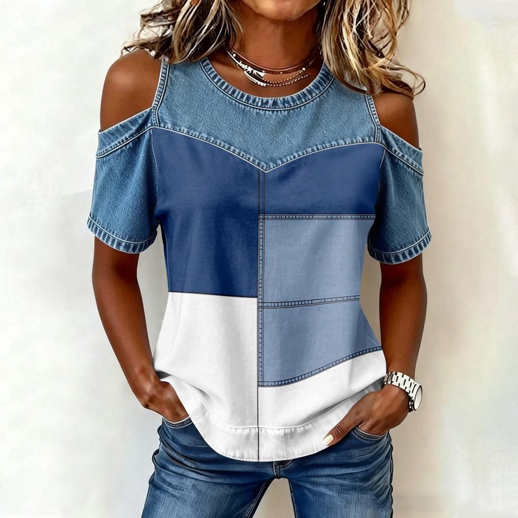 Women's Casual Patchwork Fashion Print Off-Shoulder Top