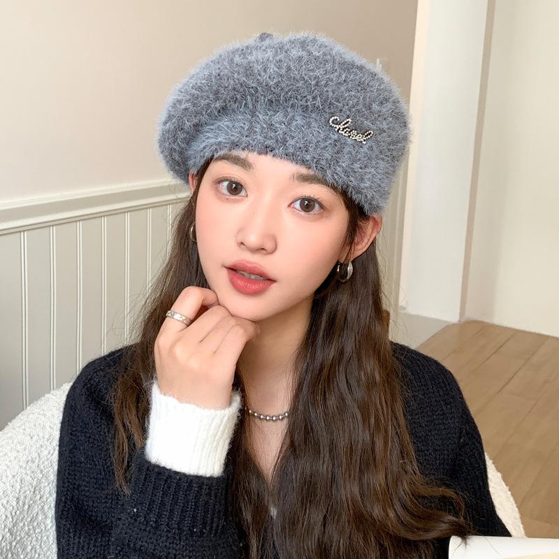 Autumn and winter new hats women's diamond-encrusted alphabet knitted wool beret winter warm pumpkin hat tide