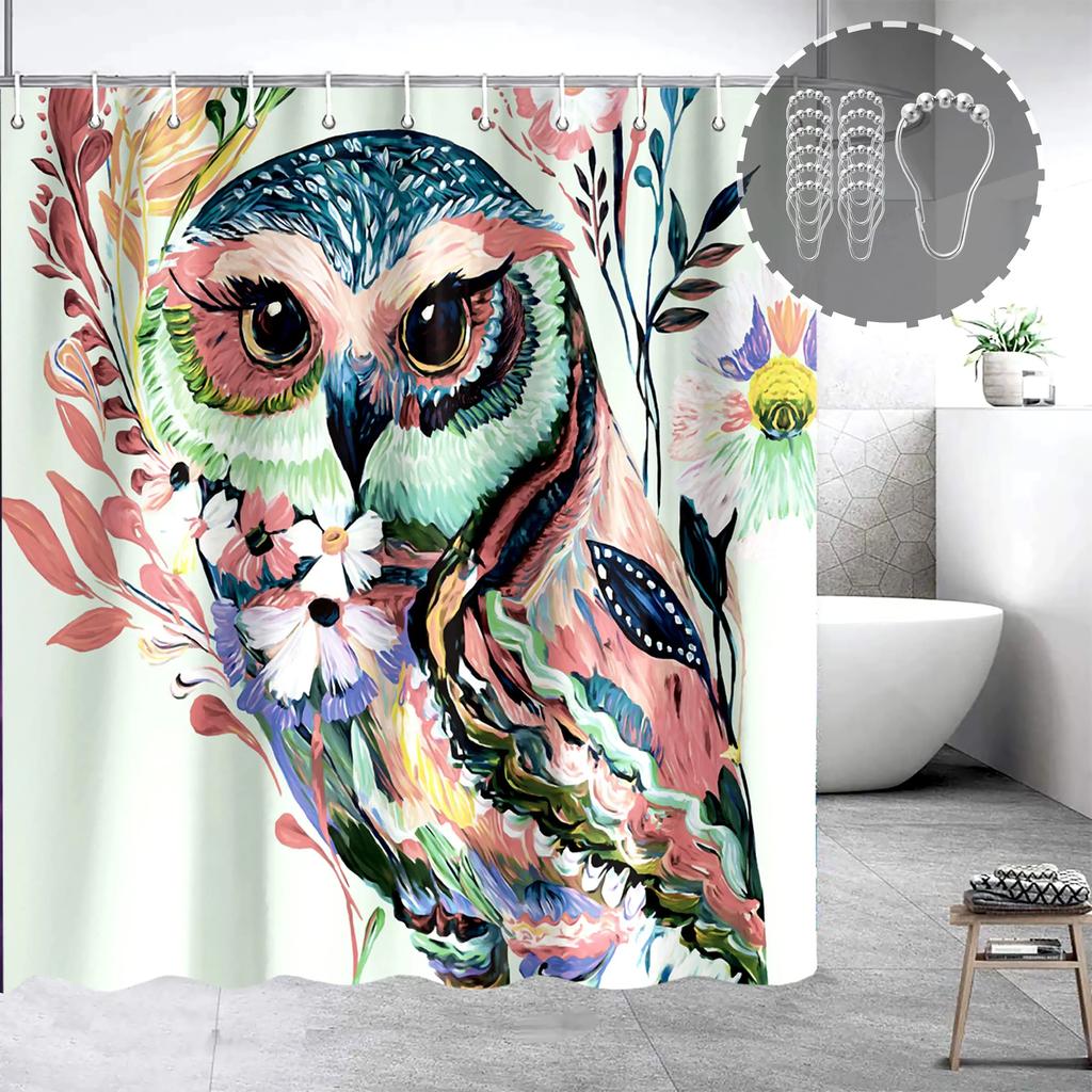 Rideau de douche Hibou Lunaire Forêt Enchantée Oiseau Fleur Papillon Fantaisie Fée Arbre Lanternes Ciel Nocturne Décoration Salle de Bain Ensembles