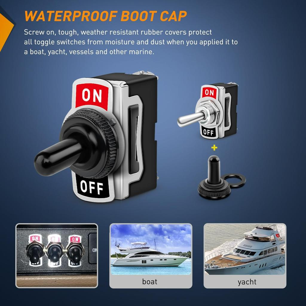 90012E Heavy Duty Rocker Toggle 15A 250V 20A 125V SPST 2Pin ON/Off Switch Metal Bat Waterproof Boot Cap Cover-5 Pack, 2 Years Warranty