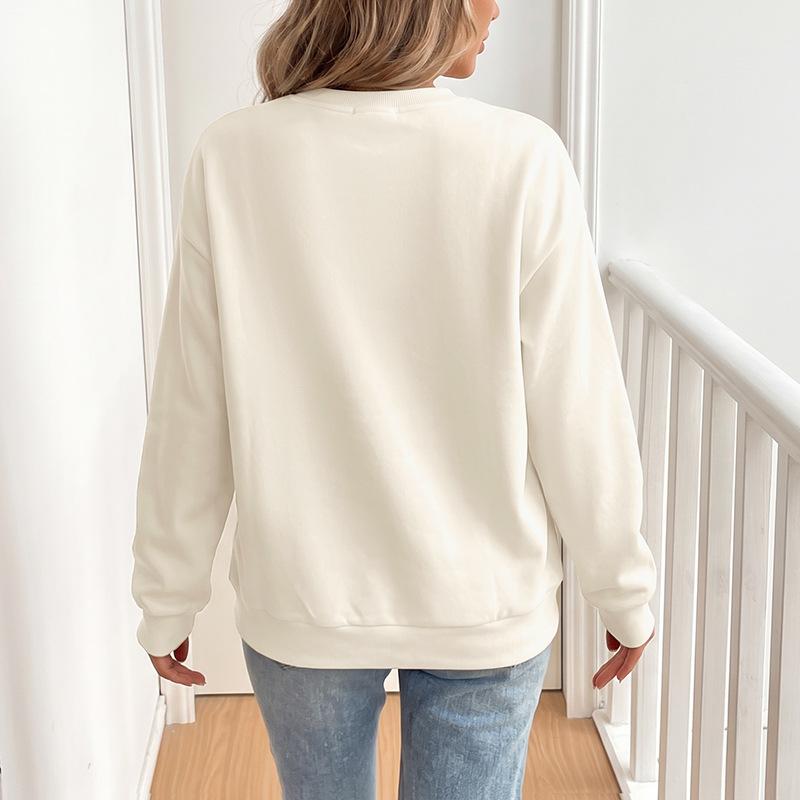 European-American Casual Loose Round Neck Pullover with Sweet Embroidery & Bowknot Design for Women