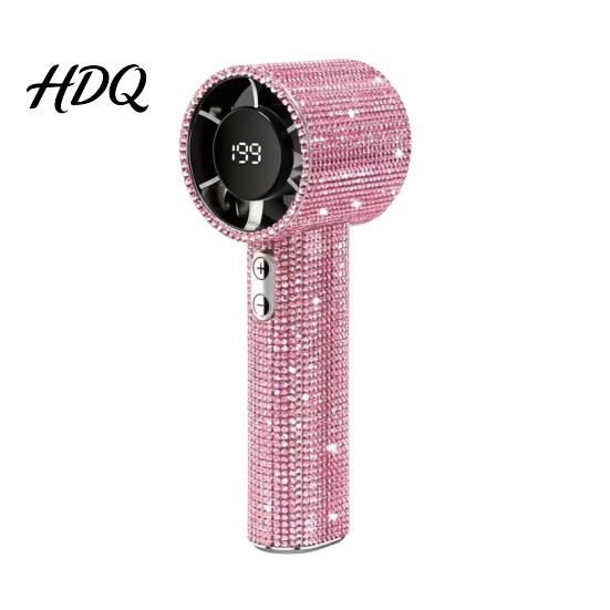 Powerful Mini Fan Rhinestone Handheld with Digital Display, Turbo High Speed Portable