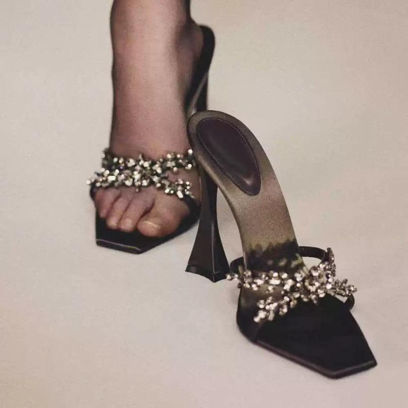 2025 Summer New Square Toe Cross Diamond High Heels Fashionable Ladies Black Satin Stiletto Sandals Sexy Ladieshigh Heel Sandals
