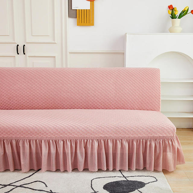 Velvet Jacquard Flower Grid Armless Sofa Cover Washable Elastic Slipcover Fitted Couch Bed Cover With Skirt