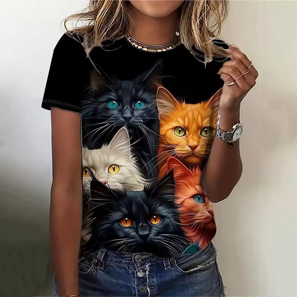 Women's T-shirt 3D Cartoon Animal Print Casual Round Neck Short Sleeved Summer Loose Top Y2k T-shirt
