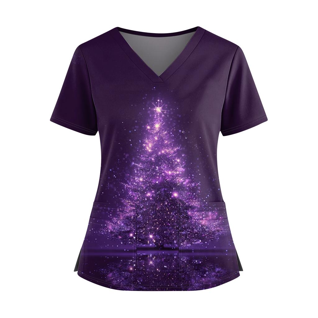 Dámský vánoční potištěný top s výstřihem do V, dvěma kapsami, krátkým rukávem, rozparkem na lemu, uniforma pro pečovatelky